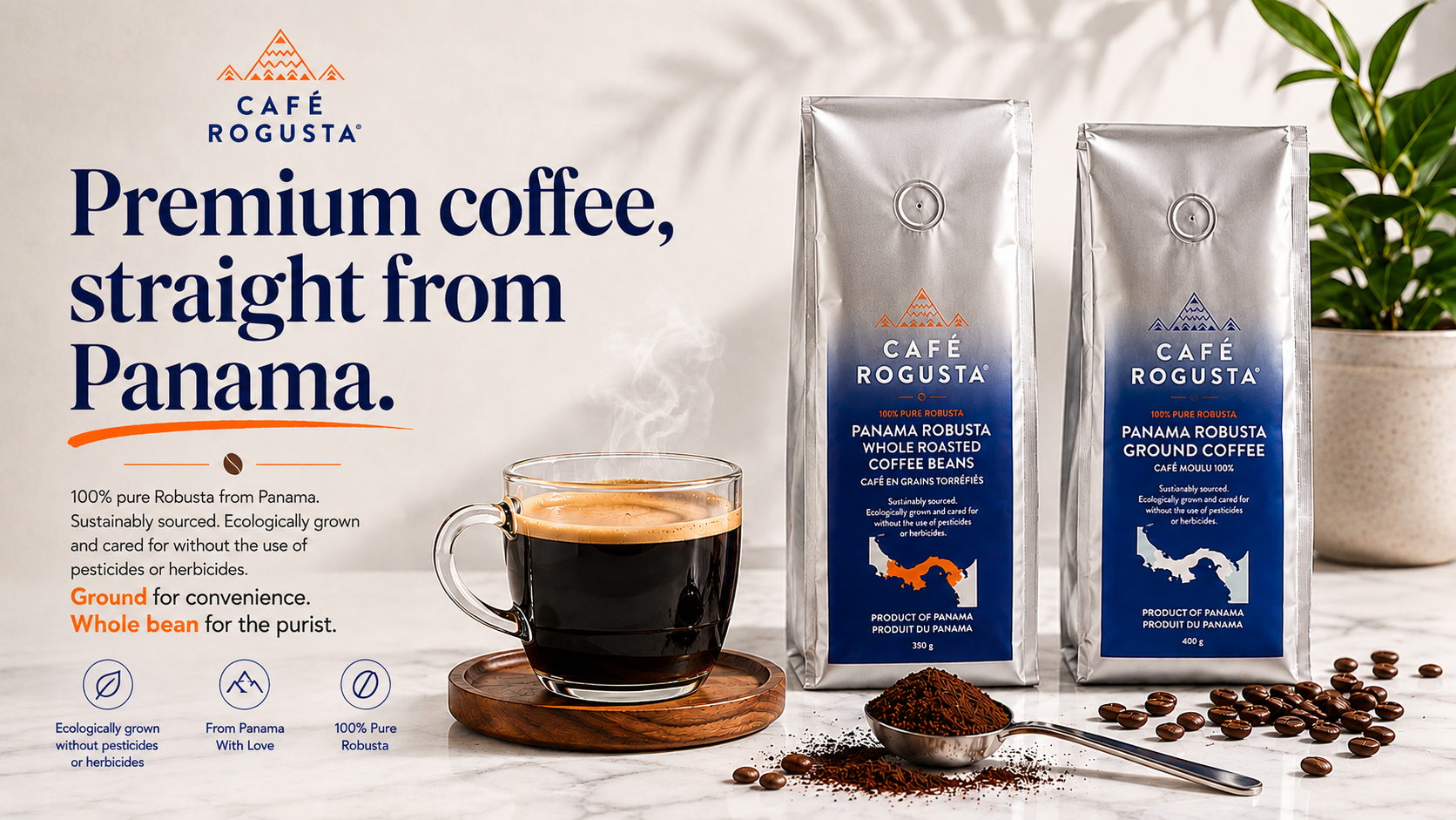 Café Rogusta — Premium coffee, straight from Panama. 100% pure Robusta, sustainably sourced and ecologically grown without pesticides or herbicides.