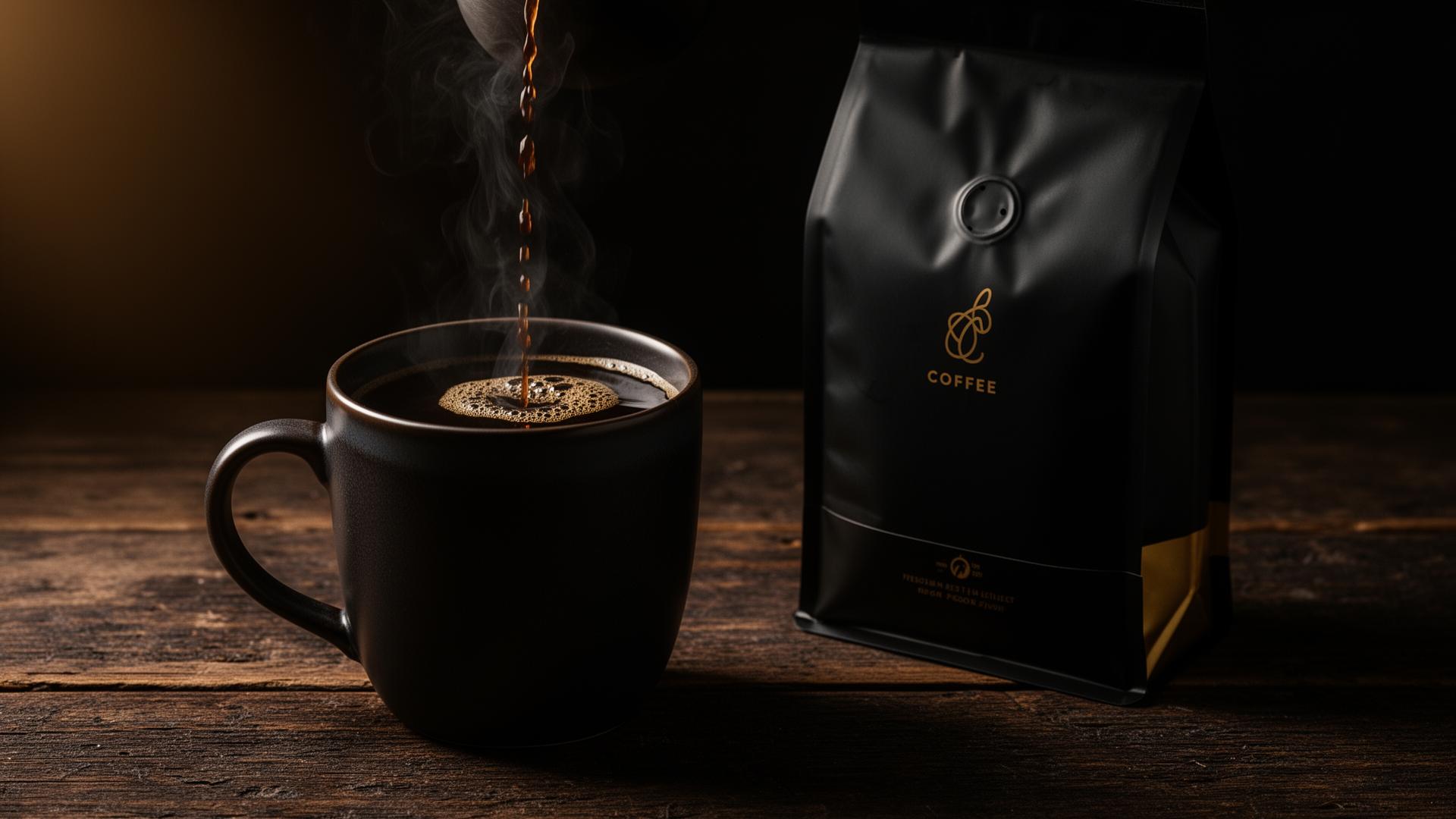 A dark mug being filled with hot coffee next to a premium coffee bag
